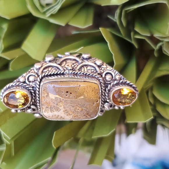 New Oversized Fossil Coral & Citrine 925 Silver Statement Ring. - Picture 10 of 13